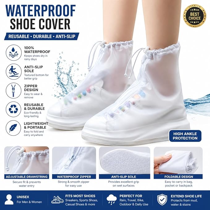 Rain Boots Shoe Covers Waterproof for Men Women Shoe Protectors with Zipper Not-Slip Reusable Overshoes Galoshes for Hiking Climbing Camping Cycling Rainy Day (White, L)