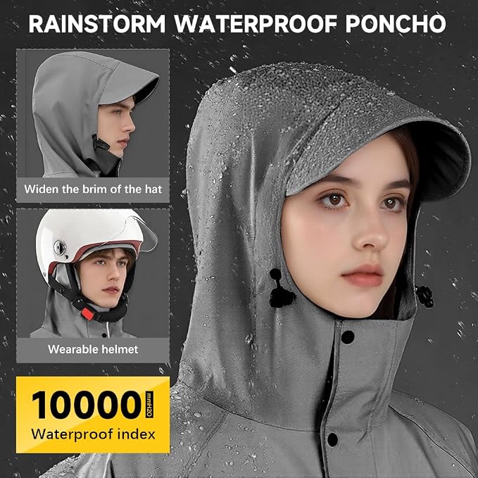 Long Rain Coat, Raincoat for Men Women Waterproof | Reusable Hooded Rain Poncho with Wide Brim | Lightweight Raincoat for Hiking, Travel, Motorcycle Riding