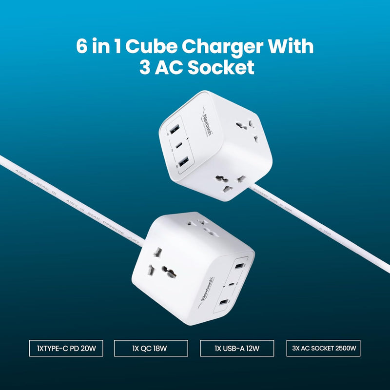 Nextech 20W Cube 20 High Speed Smart Desktop Charger with 2M Copper Cable, Type C PD Port, 2 USB Mach Port, 3 AC Power Socket, Compatible with Laptop,Smartphones,iPhones,Tablet,Power Bank(White)