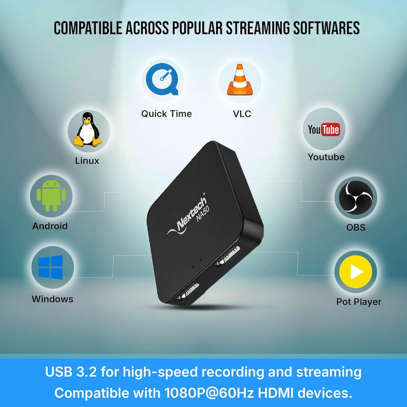 Nextech HDMI Capture Card â€“ 4K@30Hz Pass-Through, Ultra-Low Latency Loop-Out, USB 3.0 Plug & Play, AUX Audio Input â€“ Compatible with PS5, Xbox, Camera, PC for Streaming & Recording