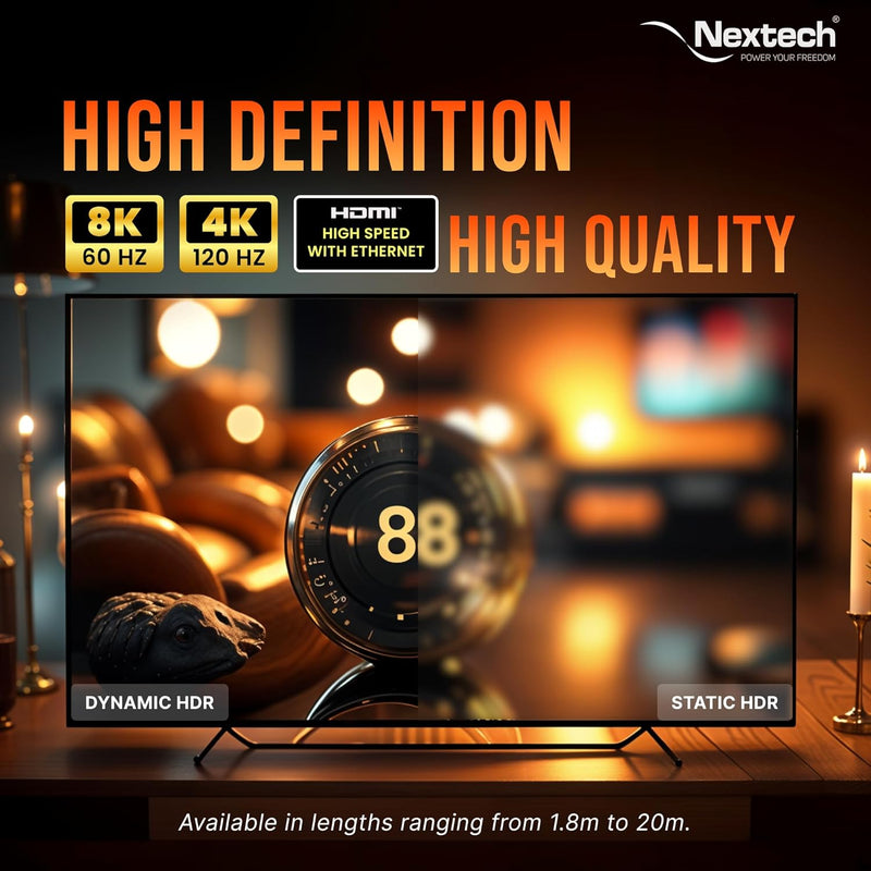 Nextech 8K HDMI 2.1 Ultra HD Certified Cable with 8K@60Hz, 4K@120Hz, High Speed 48Gbps, eARC, 3D connectitiy, Compatible with All HDMI Devices, TV Set-top Box, Gaming Console (1.8 Meters)