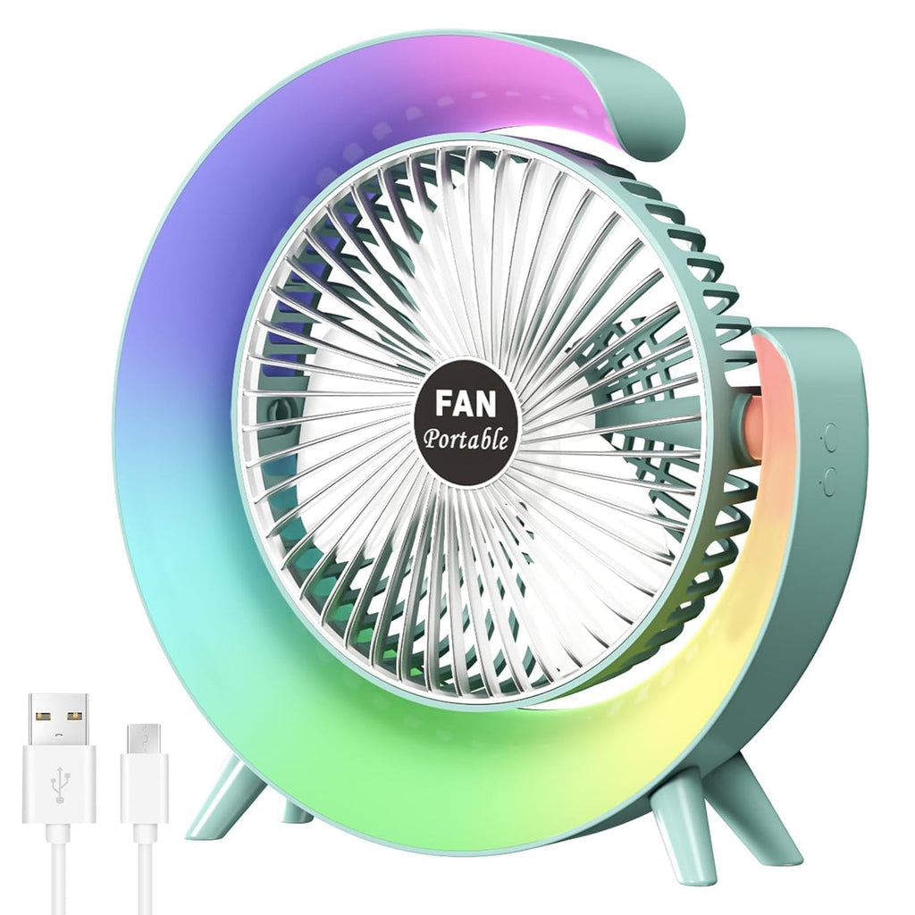 GFan: RGB LED Rechargeable Desk Fan with 3 Speeds â€“ 180Â° Adjustable, USB Charging & 4-Hour Backup for Table, Office & Travel Use