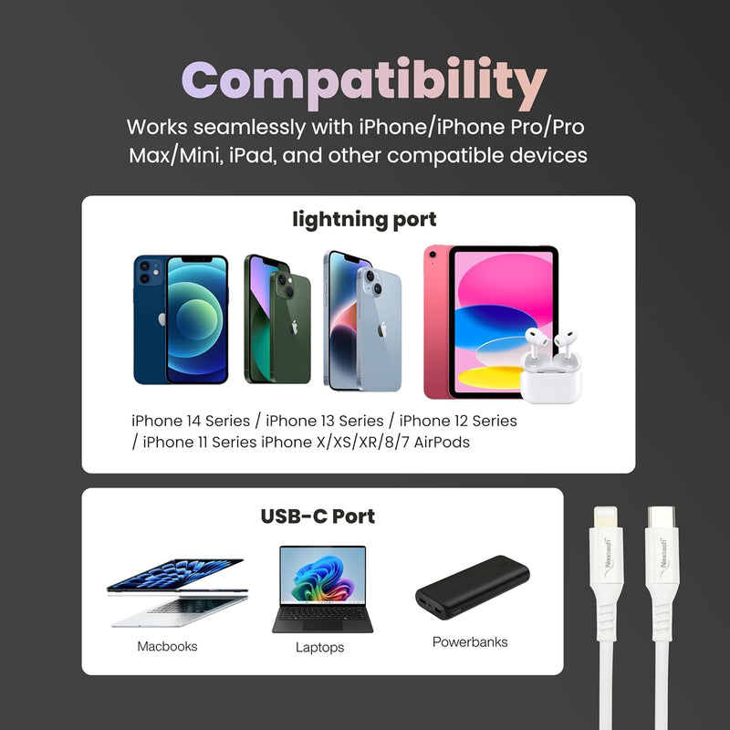 Nextech 20W USB-C to 8 pin Fast Sync & Charge Cable, Compatible With iPhones, iPad, iPad Air, Pro, Mini, Laptop, Power Bank (1.2M)