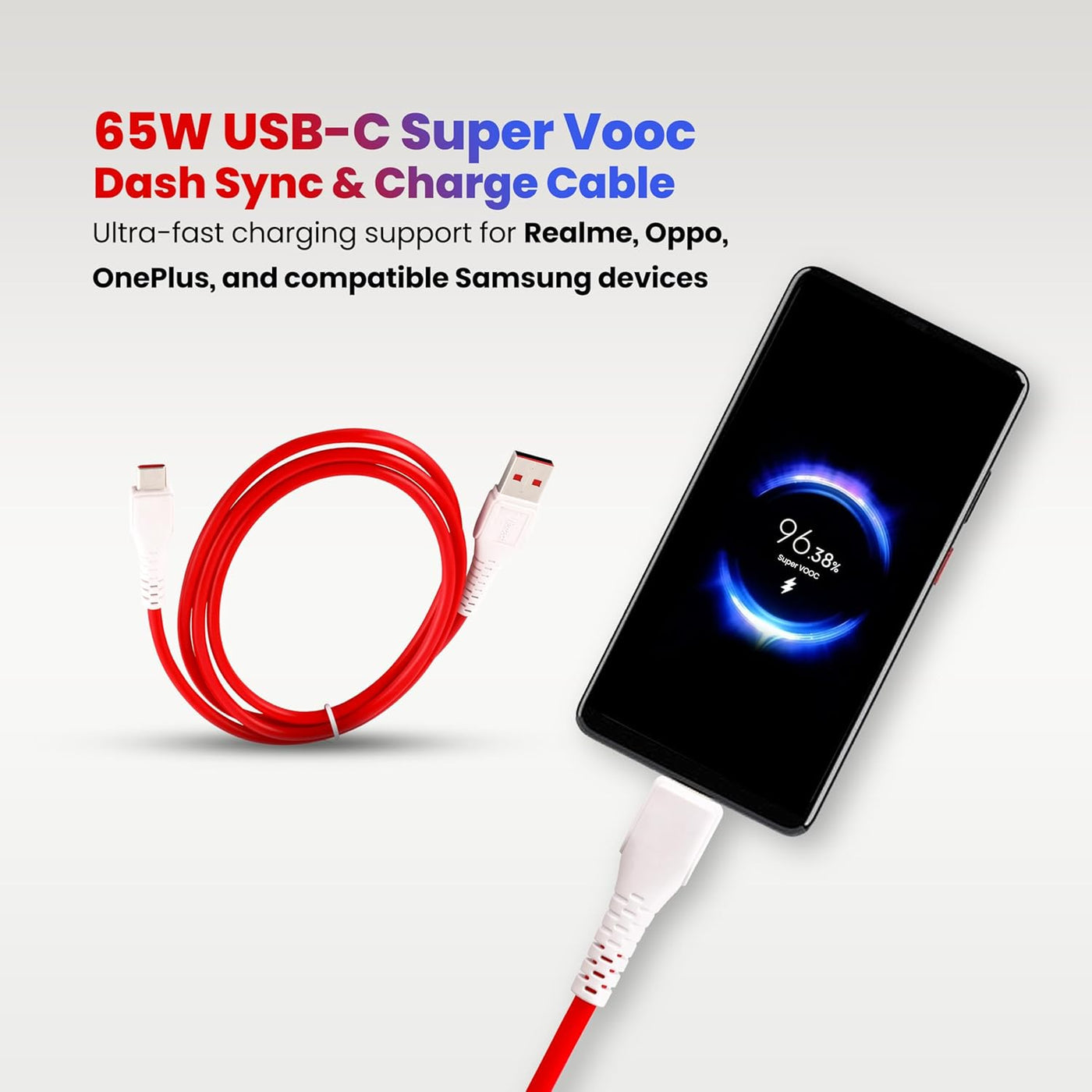 Nextech USB A to USB-C 65W Super VOOC/Dash Sync & Charge Cable compatiable with Samsung, Realme, Oppo & other Smartphones, Tablets & Type C devices (1 Meter)