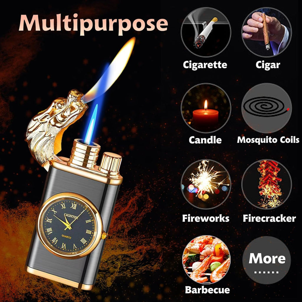 Draco: Windproof Dual Flame Refillable Lighter with Built-in Watch, Dragon Embossed Design & Bold Metal Finish for Collectors & Gifting