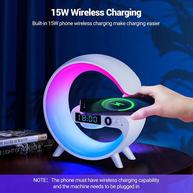 GoobleMini: G-Shaped RGB Atmosphere Lamp with 15W Wireless Charger, Bluetooth Speaker, Alarm Clock & Desk Light for Bedside & Room DÃ©cor