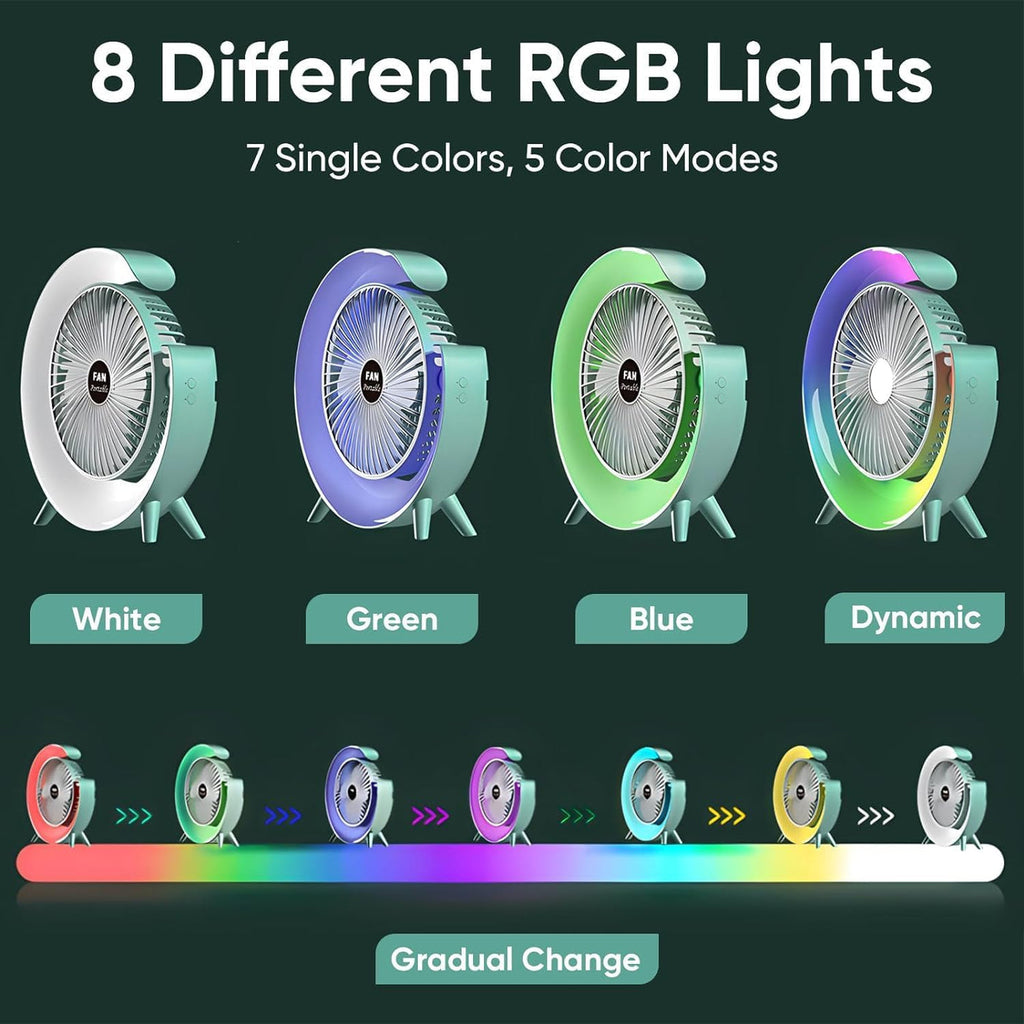 GFan: RGB LED Rechargeable Desk Fan with 3 Speeds â€“ 180Â° Adjustable, USB Charging & 4-Hour Backup for Table, Office & Travel Use