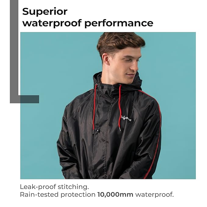 Men's Raincoat Set | Waterproof Polyester Double-Coated Reversible Rain Suit | Hooded Jacket with Inner Mobile Pocket & Pants | Standard Length for Hiking, Camping L Black With Red Stripe