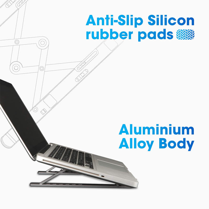 Standee: Foldable Aluminium Laptop Stand with 7-Angle Adjustment, Anti-Slip Riser with Velvet Pouch for 9"â€“15.6" Devices, MacBooks, Dell, HP & Office Use