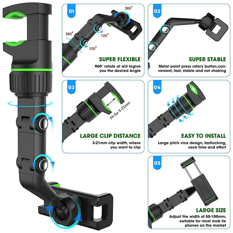 Holdit: Universal Multi-Joint Rearview Mirror Phone Holder, 360Â° Adjustable Car Mount for Car & Hands-Free Use