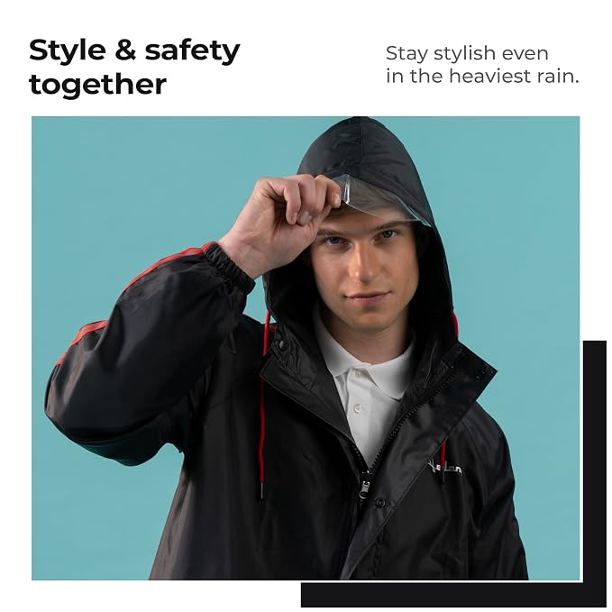 Men's Raincoat Set | Waterproof Polyester Double-Coated Reversible Rain Suit | Hooded Jacket with Inner Mobile Pocket & Pants | Standard Length for Hiking, Camping L Black With Red Stripe
