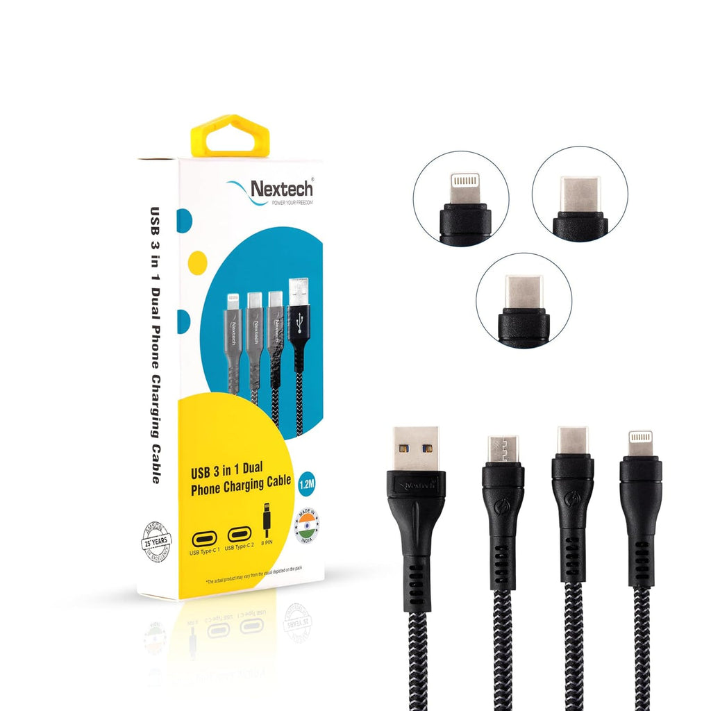 Nextech 3 in 1 Charging Braided Cable with Dual Type-C & Lightning connectors compatible with All Type-C & iPhone, iPad, Macbook & Airpods 1.2M