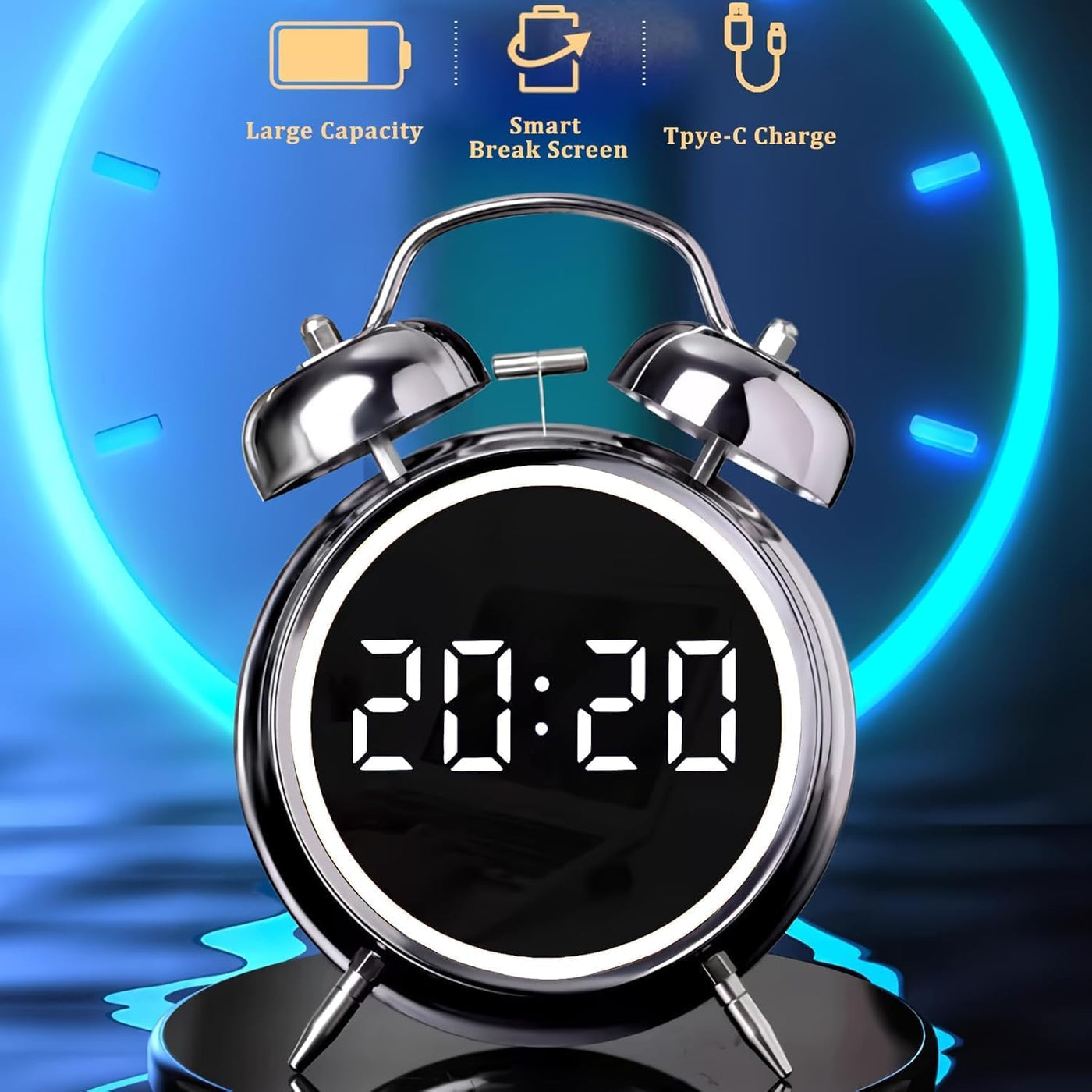Wakee: Retro LED Alarm Clock with Twin Bells â€“ Extra Loud Battery-Powered Clock for Heavy Sleepers, Stylish Wake-Ups & Desk or Bedroom Decor