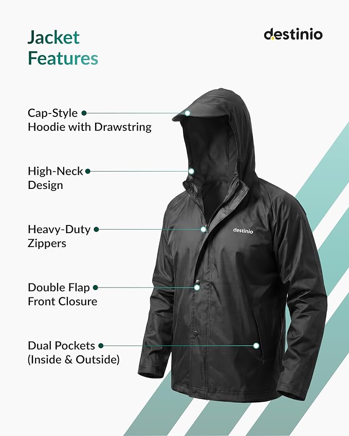 Rain Coat for Men Waterproof with Hood, Thick Polyester, Leak Proof, Premium Zipper, Raincoat for Bike Riding, Branded Double Layer Rain Suit for Riders, Rainwear, Jacket & Trouser Set