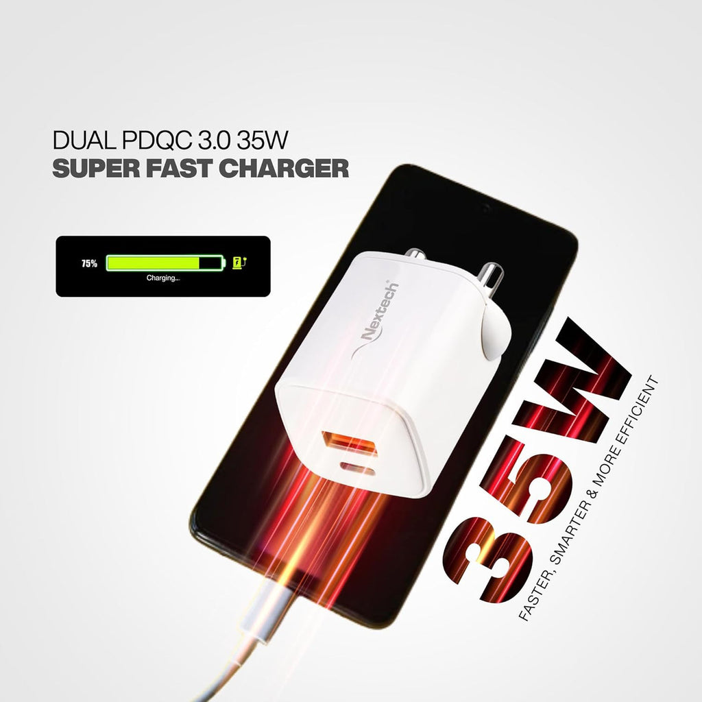 Nextech NTQ30 35W Dual Port PDQC3.0 GaN, BIS Certified, Made in India Fast Wall Charger Compatible with iPhones, iPads, Tablets, Android & Smartphones (White)