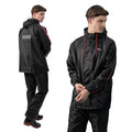 Men's Raincoat Set | Waterproof Polyester Double-Coated Reversible Rain Suit | Hooded Jacket with Inner Mobile Pocket & Pants | Standard Length for Hiking, Camping L Black With Red Stripe