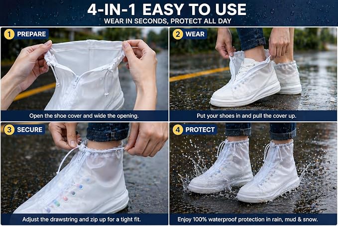 Rain Boots Shoe Covers Waterproof for Men Women Shoe Protectors with Zipper Not-Slip Reusable Overshoes Galoshes for Hiking Climbing Camping Cycling Rainy Day (White, L)