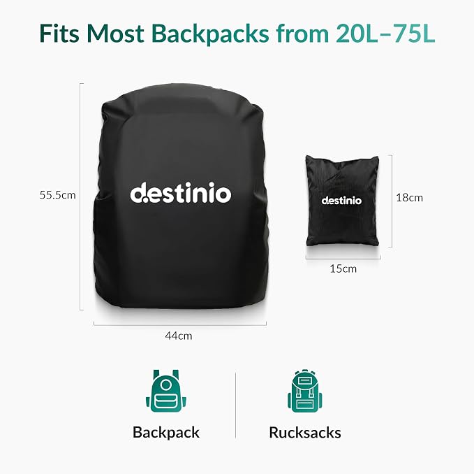 Rain Cover for Bag Waterproof, Backpack Raincover for Laptop, School & Trekking Bags, Rip Resistant, Full Dust & Scratch Protection with Secure Buckle Strap & Storage Pouch (Black-20L to 75L)