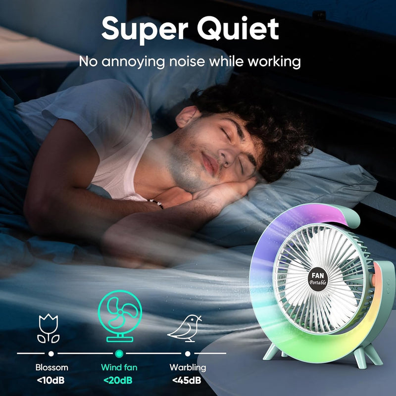 GFan: RGB LED Rechargeable Desk Fan with 3 Speeds â€“ 180Â° Adjustable, USB Charging & 4-Hour Backup for Table, Office & Travel Use