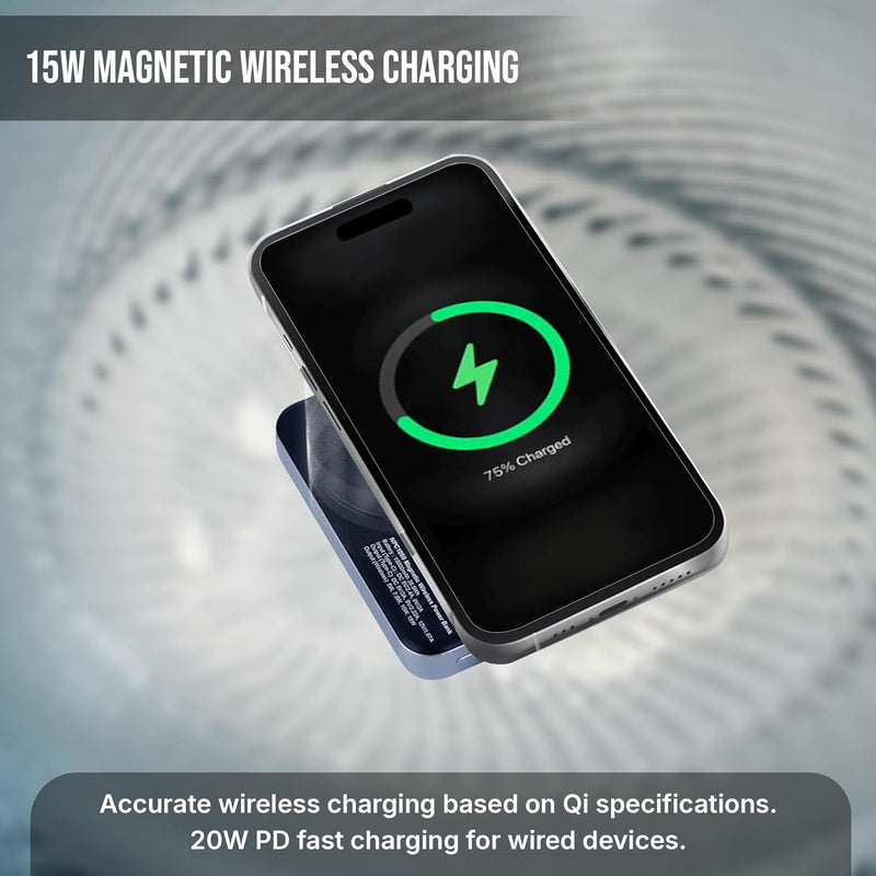 Nextech MagNxt | 10,000mAh Wireless Rapid Charge | Type-C PD | 22.5W Output | Compact, Sleek | 15W Magnetic Charging | LED Indicator | Compatible with iPhone 12 & Qi Devices | Metallic Blue