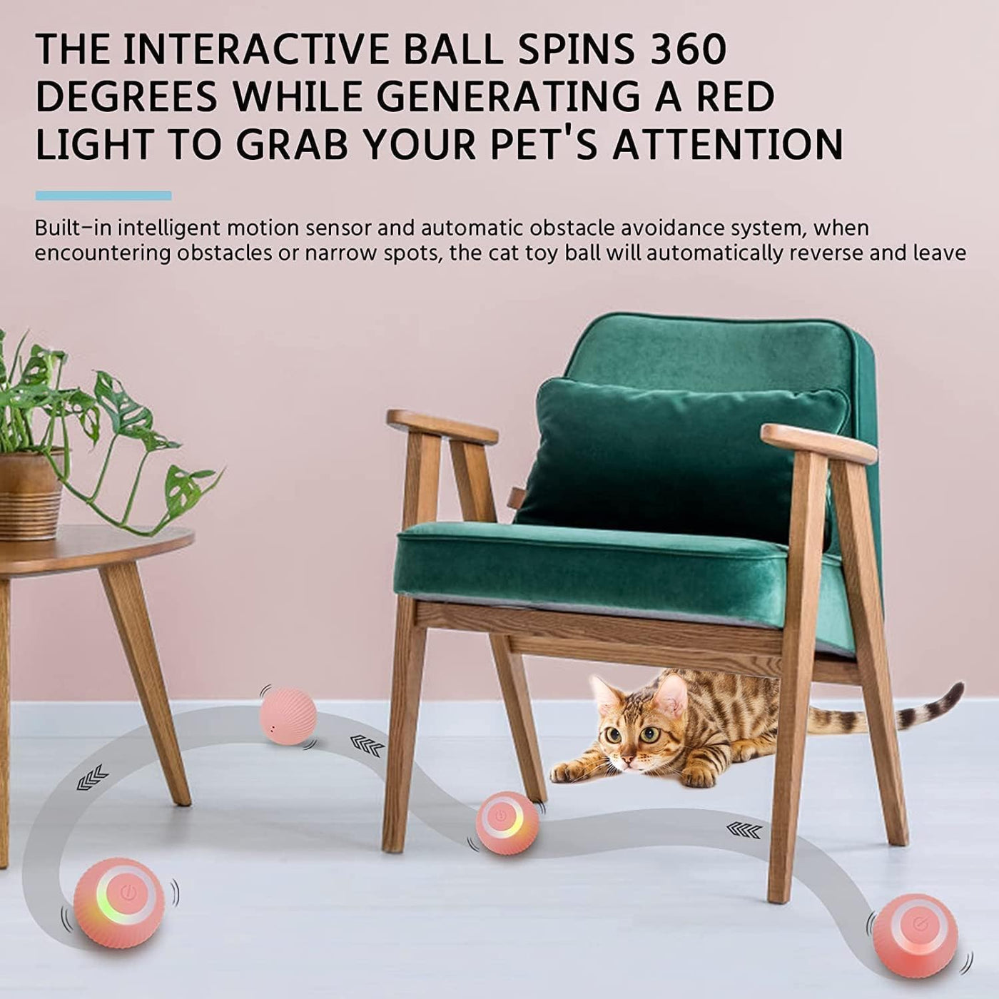 Pounce: Interactive LED Cat Toy Ball with 360Â° Rotating Motion, Smart Obstacle Avoidance & Rechargeable Design