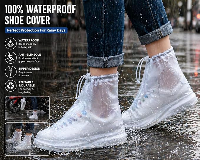 Rain Boots Shoe Covers Waterproof for Men Women Shoe Protectors with Zipper Not-Slip Reusable Overshoes Galoshes for Hiking Climbing Camping Cycling Rainy Day (White, L)