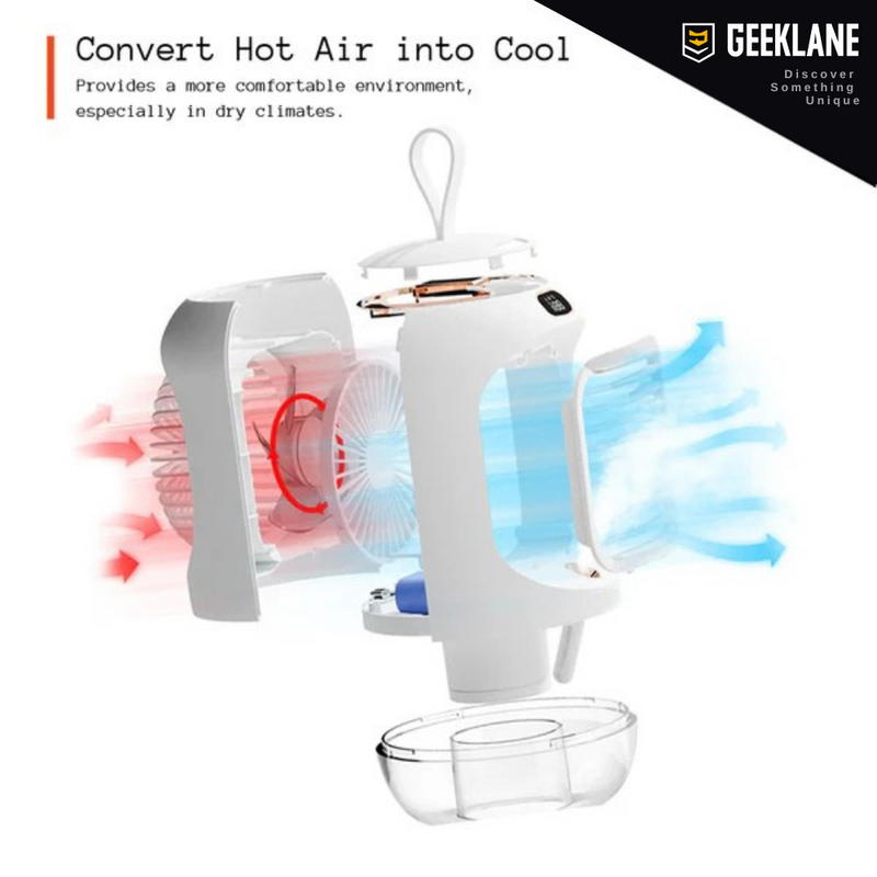 CoolMate: Premium Quality Portable Cooling Fan & Humidifier, 3 Speeds, 280ml Mist, Night Light, 90Â° Rotation, USB Rechargeable (3600mAh) for Personal Cooling.