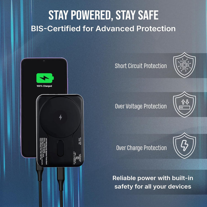 Nextech MagNxt | 10,000mAh Wireless Rapid Charge | Type-C PD | 22.5W Output | Compact, Sleek | 15W Magnetic Charging | LED Indicator | Compatible with iPhone 12 & Qi Devices | Metallic Blue