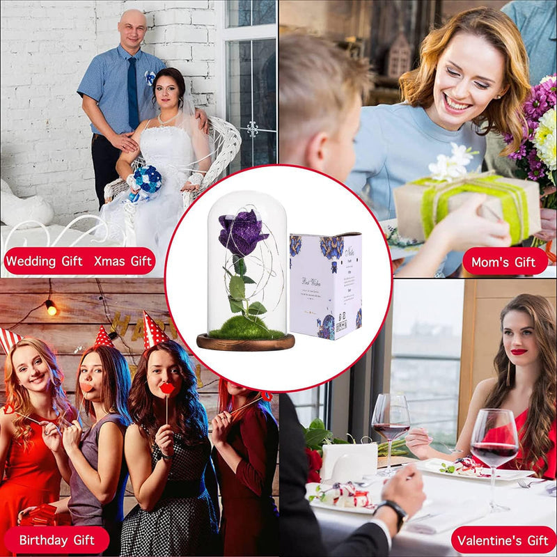 Forever: Enchanted Purple Glass Rose with Removable Dome & USB-Powered LED Fairy Light for Romantic DÃ©cor & Gifting