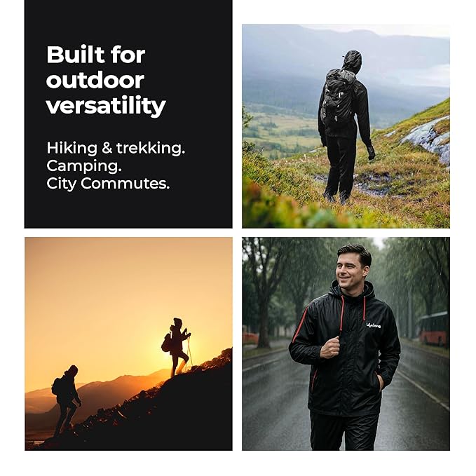 Men's Raincoat Set | Waterproof Polyester Double-Coated Reversible Rain Suit | Hooded Jacket with Inner Mobile Pocket & Pants | Standard Length for Hiking, Camping L Black With Red Stripe