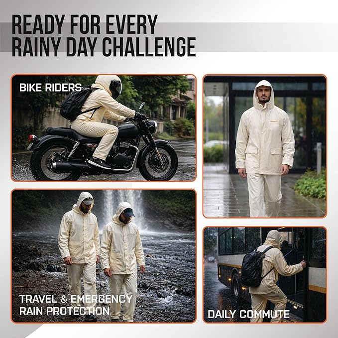 Waterproof Rain Coat for Men & Women | Rain Jacket with Hood, Air Vents & Reflective Strip | Bike Raincoat Pants with Elastic Waist & Snap Button Hem| Unisex Rain Suit