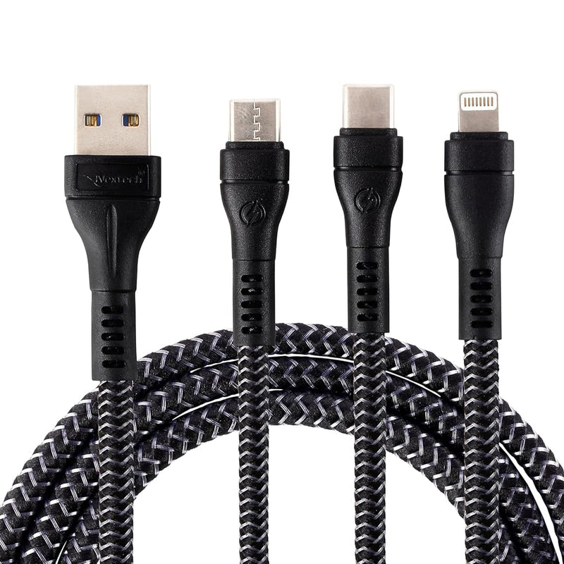 Nextech 3 in 1 Charging Braided Cable with Dual Type-C & Lightning connectors compatible with All Type-C & iPhone, iPad, Macbook & Airpods 1.2M