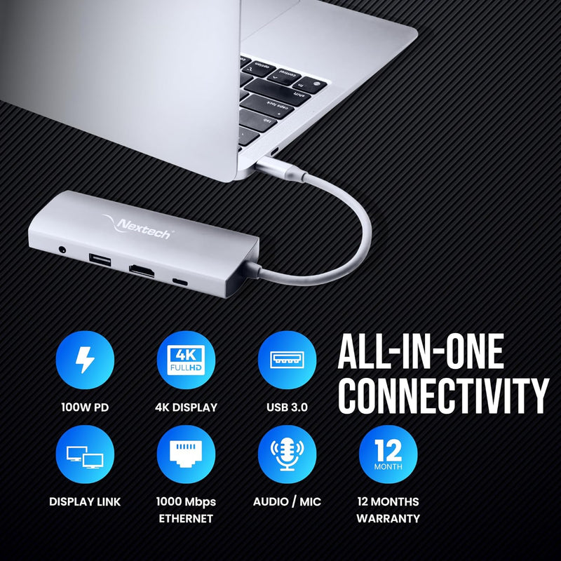 Nextech 9-in-1 USB-C Hub Docking Station â€“ Type-C Adapter with 4K HDMI, Gigabit LAN, PD 100W Charging, USB 3.0 Ports, SD/TF Card Reader, Audio Jack â€“ Compatible with MacBook, Windows â€“ Space Grey