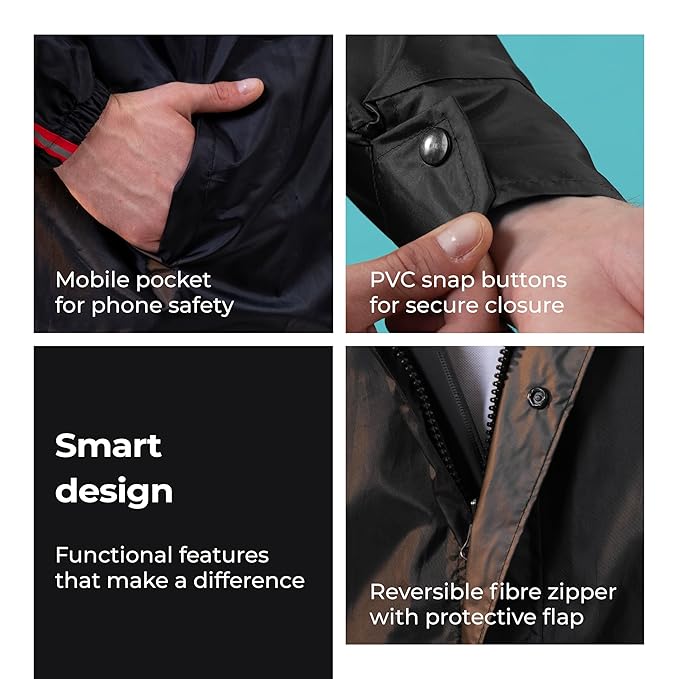 Men's Raincoat Set | Waterproof Polyester Double-Coated Reversible Rain Suit | Hooded Jacket with Inner Mobile Pocket & Pants | Standard Length for Hiking, Camping L Black With Red Stripe