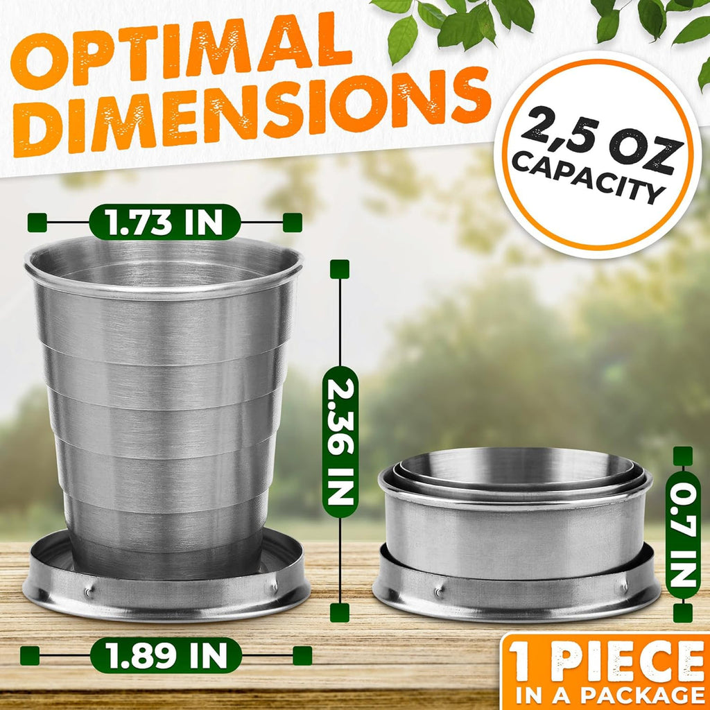 FoldyCup: Stainless Steel Folding Travel Cup with Leak-Proof Lid, Compact & Collapsible Pocket Mug for Camping, Hiking, Trekking & Outdoor Use (75ml)