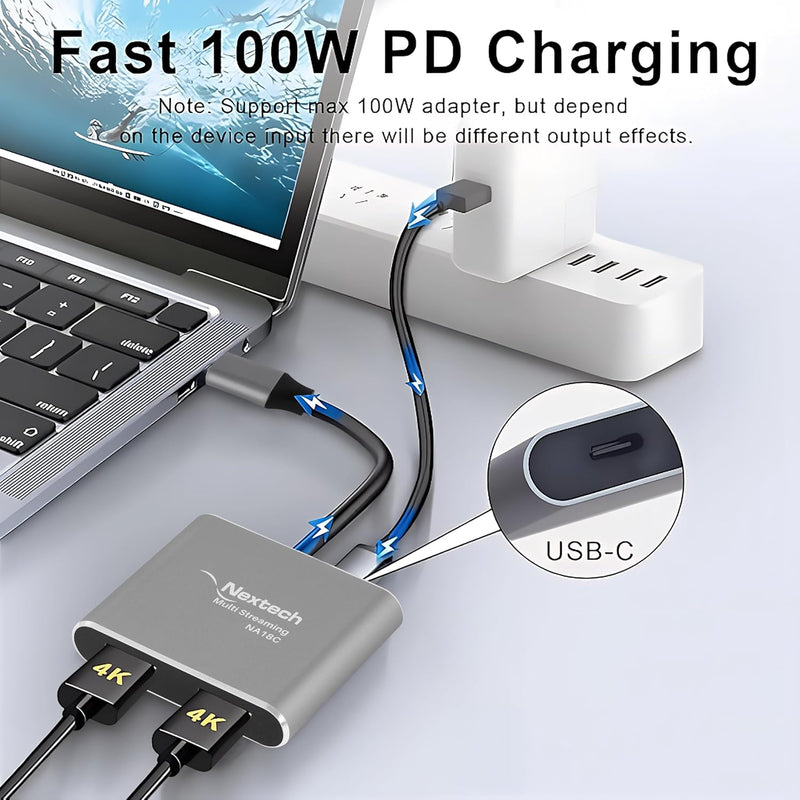 Nextech 4-in-1 USB-C to Dual HDMI Adapter â€“ Dual Display 4K@60Hz Single / 4K@30Hz Dual, MST Support (Windows), macOS Mirror Mode Supported, 100W PD Charging, USB Port â€“ Type-C Dock for macbook