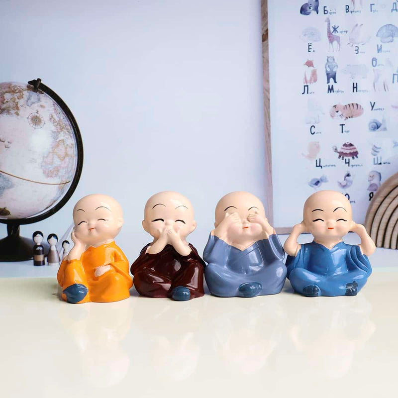 Bliss: Set of 4 Buddha Monk Statues with Elegant Design, Ideal for Home, Office & Spiritual Decor