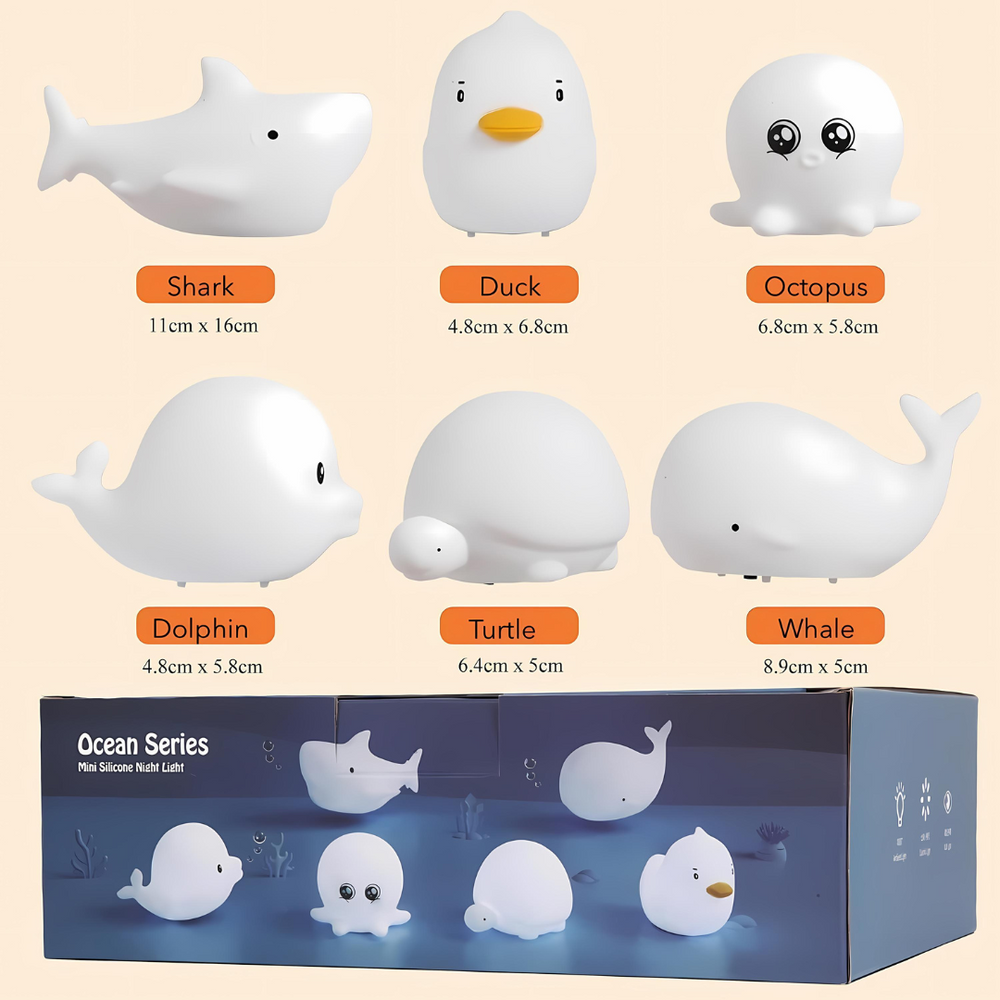 OceanPals: Set of 6 Adorable Ocean-Themed Squishy Night Lights with Soft LED Glow â€“ Includes Whale, Shark, Octopus, Dolphin, Turtle & Duck