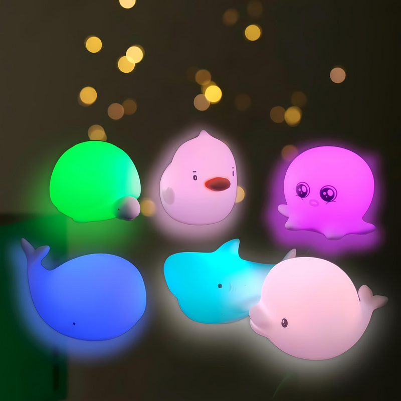 OceanPals: Set of 6 Adorable Ocean-Themed Squishy Night Lights with Soft LED Glow â€“ Includes Whale, Shark, Octopus, Dolphin, Turtle & Duck