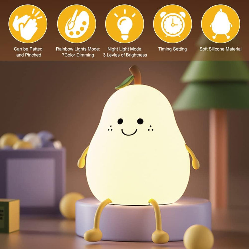 Charm: Portable Squishy Silicone Pear Night Lamp â€“ Touch-Control LED with 7-Color Modes, USB-C Rechargeable for Kids' Bedroom & Nursery