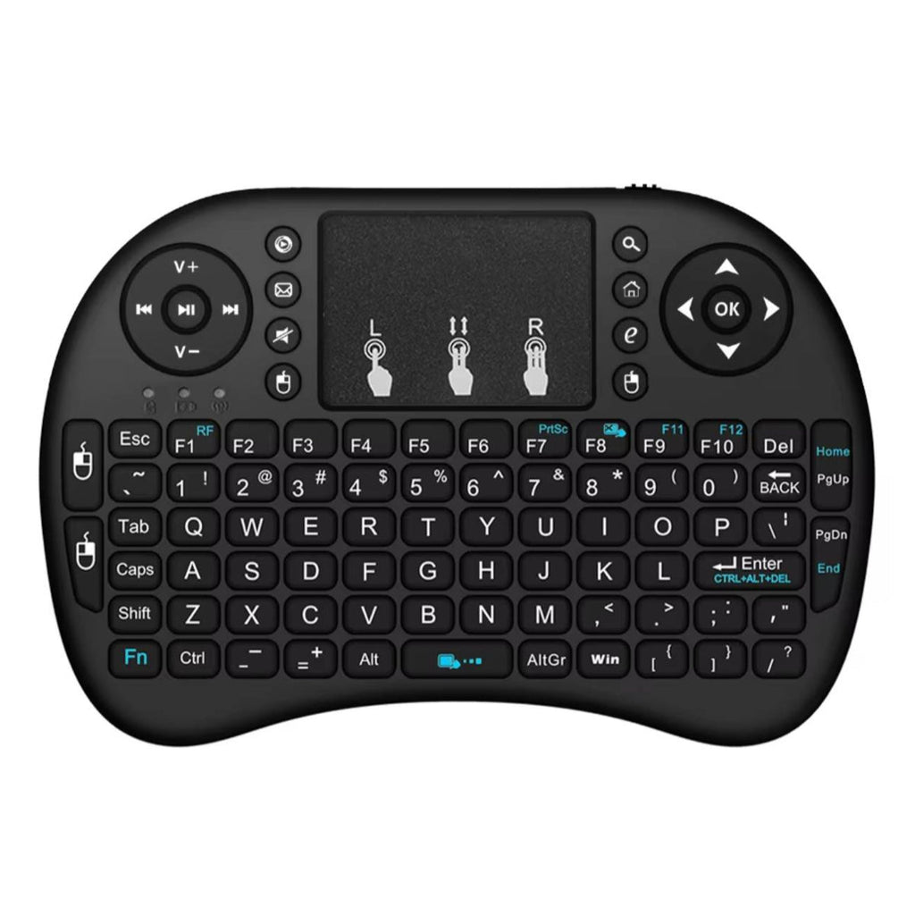 Black wireless keyboard with touchpad on a white background