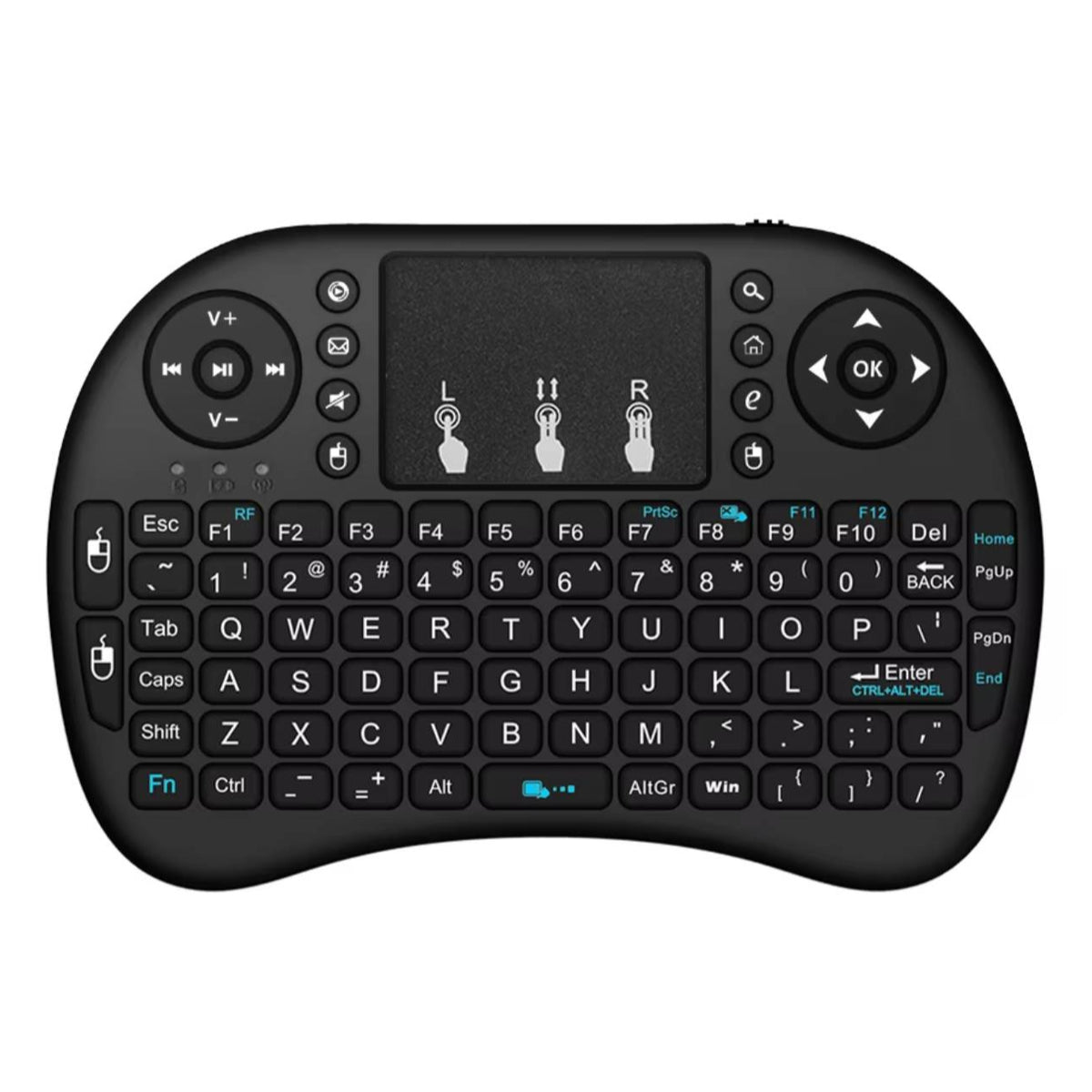 Black wireless keyboard with touchpad on a white background