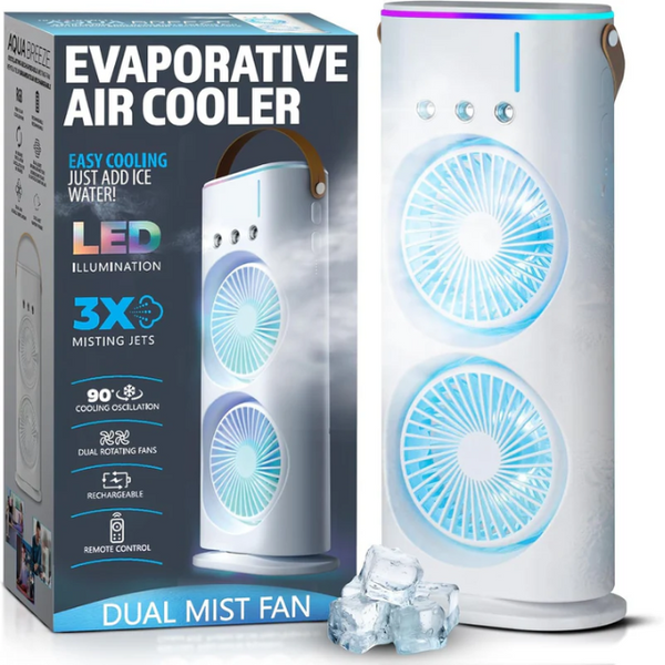 Breezo: Rechargeable Dual-Fan Air Cooler with Mist Spray â€“ High Power Oscillating Mini AC with Remote, USB-C Charging, RGB Lights & Cold Air Blower for Home & Travel