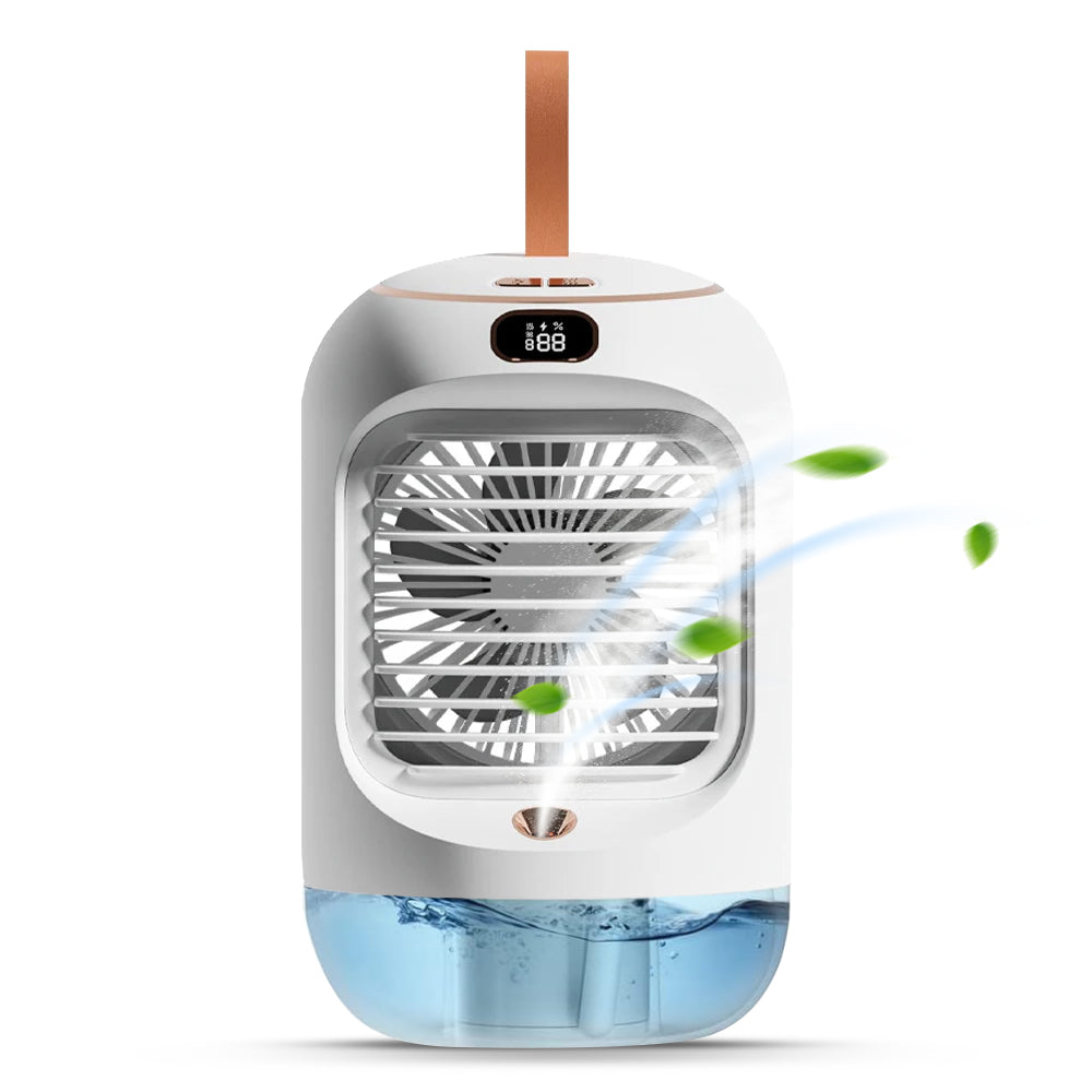 CoolMate: Premium Quality Portable Cooling Fan & Humidifier, 3 Speeds, 280ml Mist, Night Light, 90Â° Rotation, USB Rechargeable (3600mAh) for Personal Cooling.