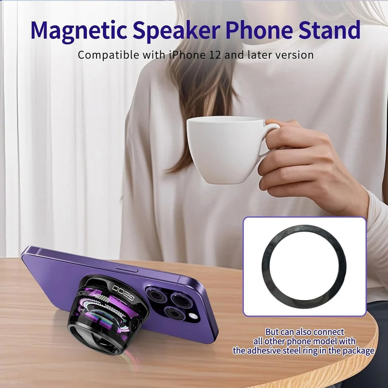 Voxa: Bluetooth Speaker with Magsafe Magnetic Mount, RGB Lights & Clear Transparent Design, Works as Phone Stand for Travel, Adventure & Gamers